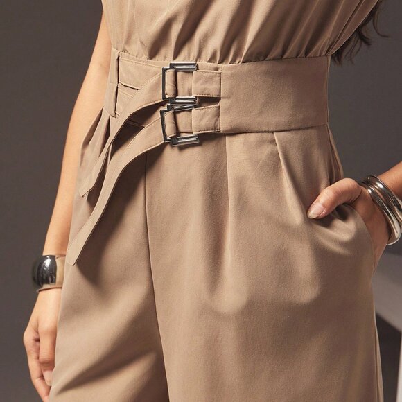 Camel Elegant Women's Business Casual Wide-Leg Jumpsuit with Belt - Picture 6 of 6